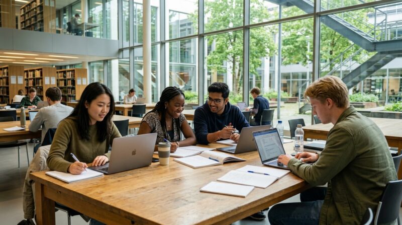 الدراسة في هولندا 2026: شروط القبول والتكاليف وأفضل الجامعات 2 طلاب دوليون داخل مكتبة جامعية في هولندا